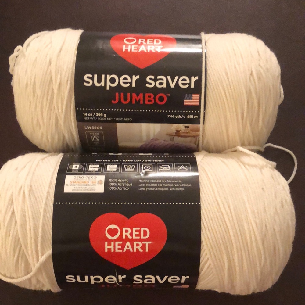 Two Skeins of RED HEART SUPER SAVER JUMBO Yarn.14 oz. 4 Medium.SOFT WHIT…